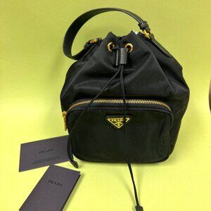 Prada Duet Drawstring Re-Nylon Bucket Bag Black